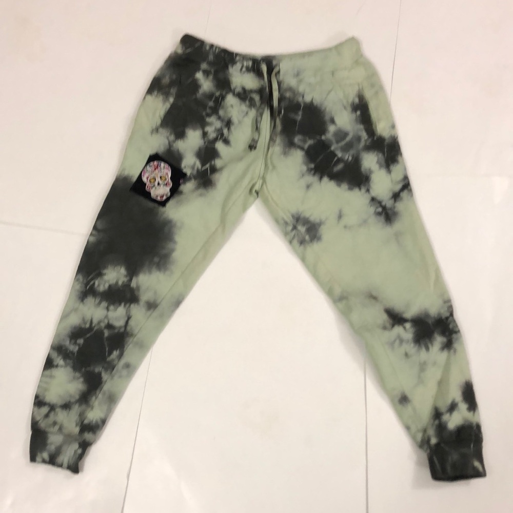 Cross Colours M Sweatpants Green Grey Tie Dye Pocket Elastic Waist Skull Patch